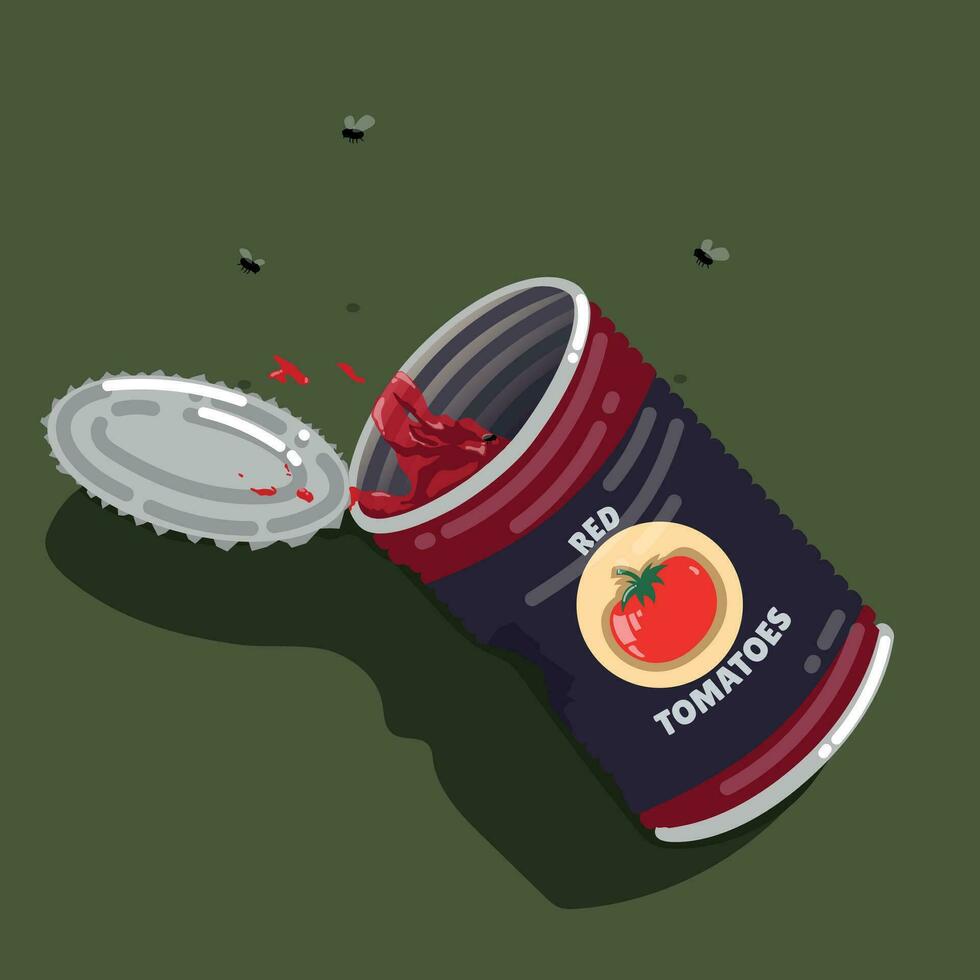 leeren und verbeult Zinn von Tomate Püree mit fliegt um es vektor