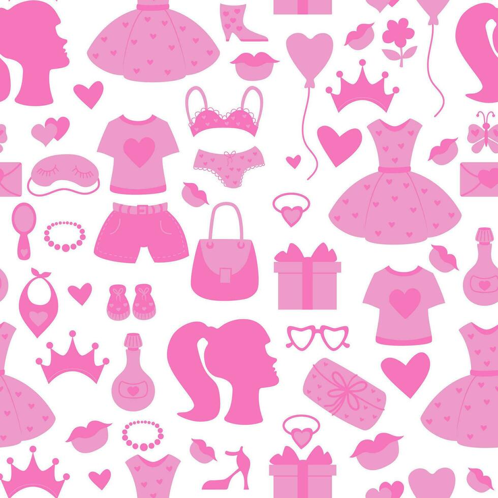 barbiecore rosa trendig sömlös mönster. nostalgisk glamorös saker mode Tillbehör, kläder, handväskor, feminin porträtt på vit bakgrund. vektor illustration. barbie dag