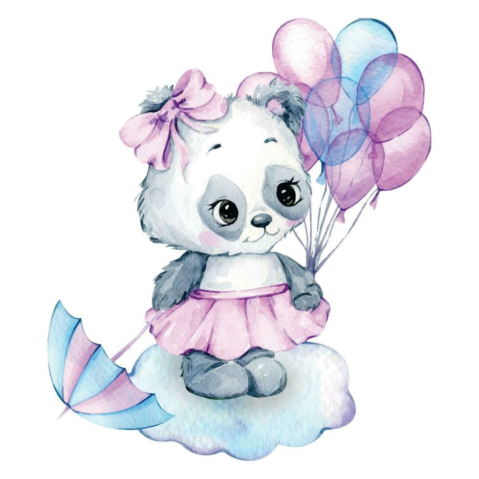 süß Baby Tier Aquarell Illustration, wenig Panda mit Luftballons isoliert auf Weiß Hintergrund. Hand gezeichnet schön Tier zum Kindergarten Dekor Kinder Illustration vektor