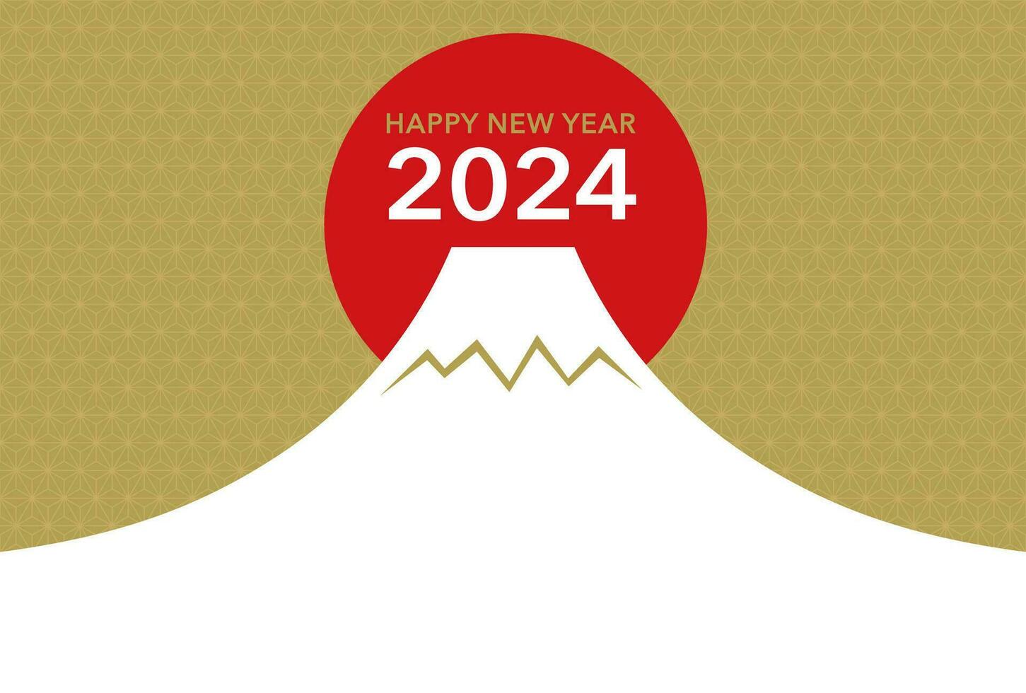 2024 Neu Jahr Gruß Karte Vektor Vorlage mit mit schneebedeckt mt. Fuji, steigend Sonne, und Neu Jahre Schöne Grüße dekoriert mit Jahrgang japanisch Muster.