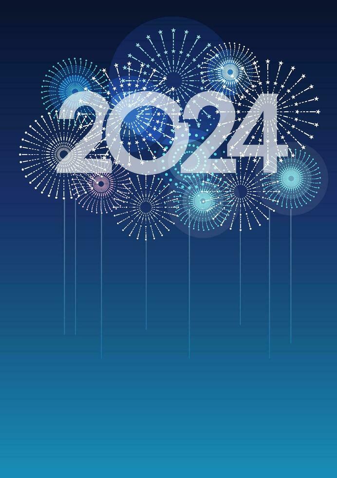 das Jahr 2024 Logo und Feuerwerk mit Text Raum auf ein Blau Hintergrund. Vektor Illustration feiern das Neu Jahr.