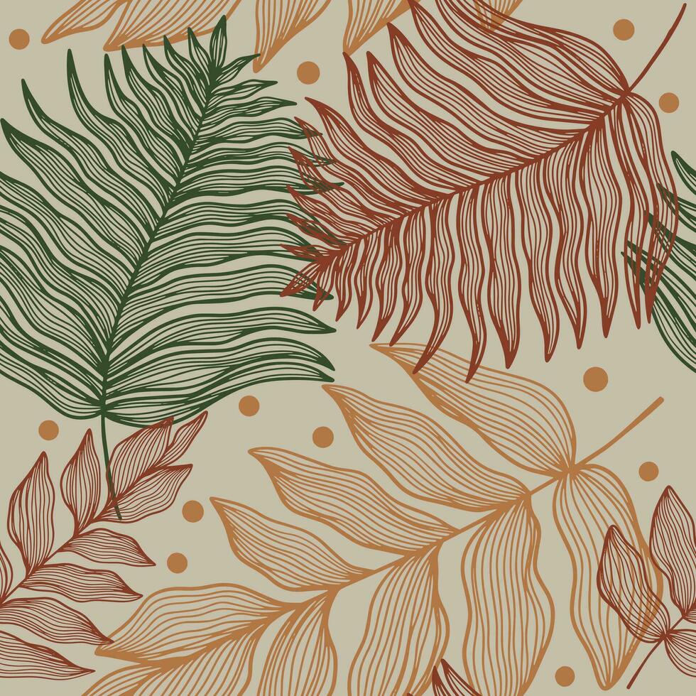tropisk sömlös mönster med löv, ormbunke, grenar, bär med höst blad Färg vektor