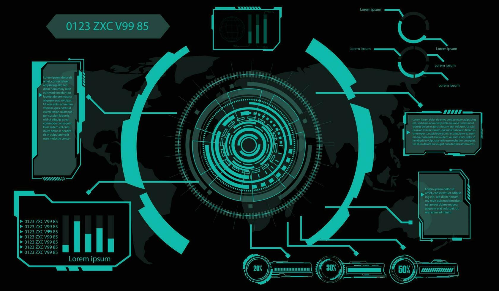 digital gränssnitt hud element uppsättning packa. användare gränssnitt, ram skärmar. länktexter titlar, fui cirkel uppsättning, läser in barer. instrumentbräda verklighet teknologi skärm. vektor