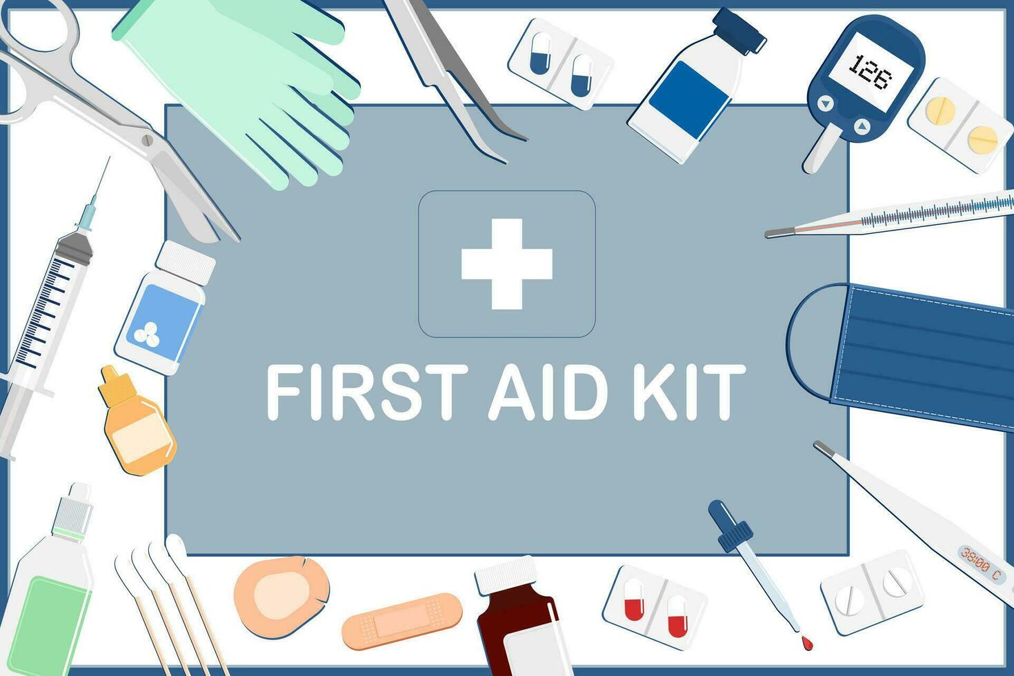 zuerst Hilfe Kit Hintergrund mit medizinisch Ausrüstungen.medizinisch Zubehör, Spritzen, Bandagen, Medizin, digital Thermometer, selbstklebend Klebeband, Pinzette, Pinzette, Schere chirurgisch Masken, Handschuhe. vektor