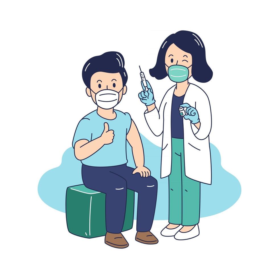 Vector Illustration Covid-19-Impfung ein Mann, der eine Coronavirus-Impfstoffinjektion von einer Ärztin erhält