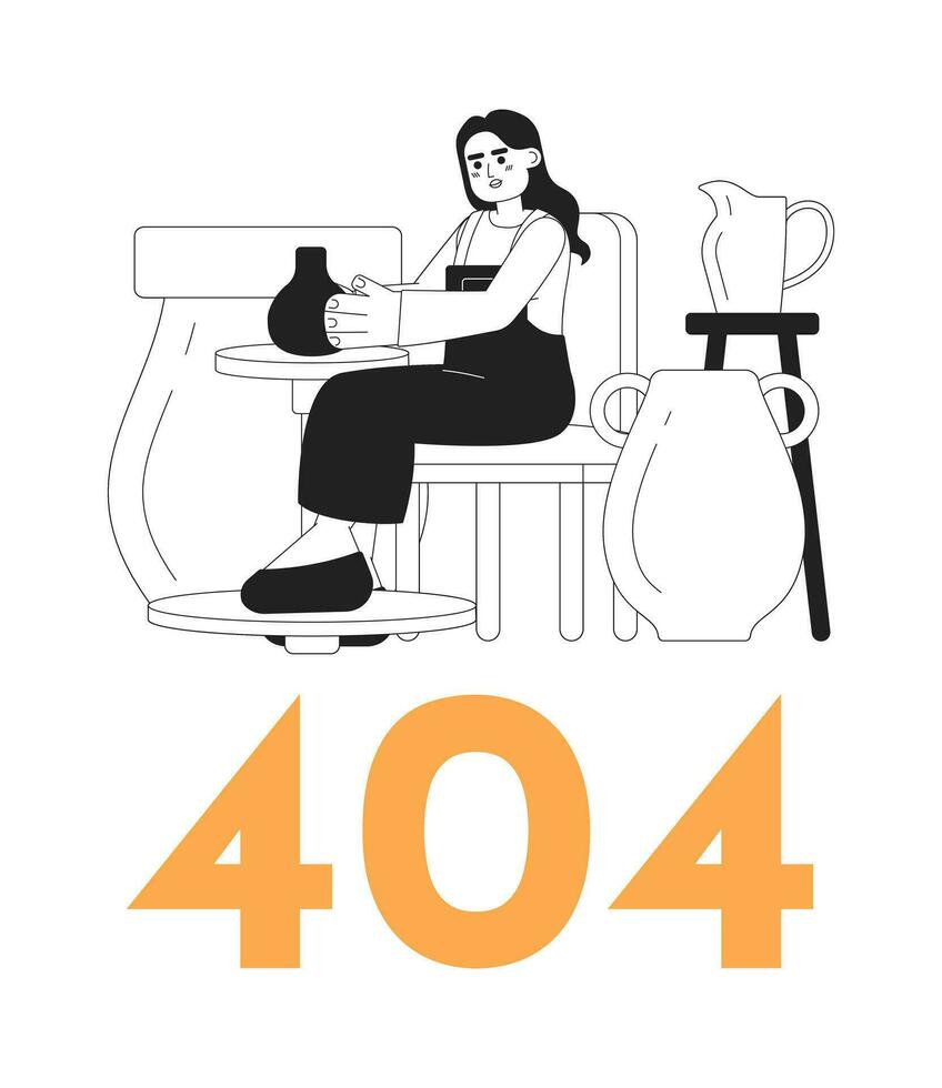 kvinna i krukmakeri verkstad svart vit fel 404 blixt meddelande. skapande keramisk pott. svartvit tömma stat ui design. sida inte hittades dyka upp tecknad serie bild. vektor platt översikt illustration begrepp