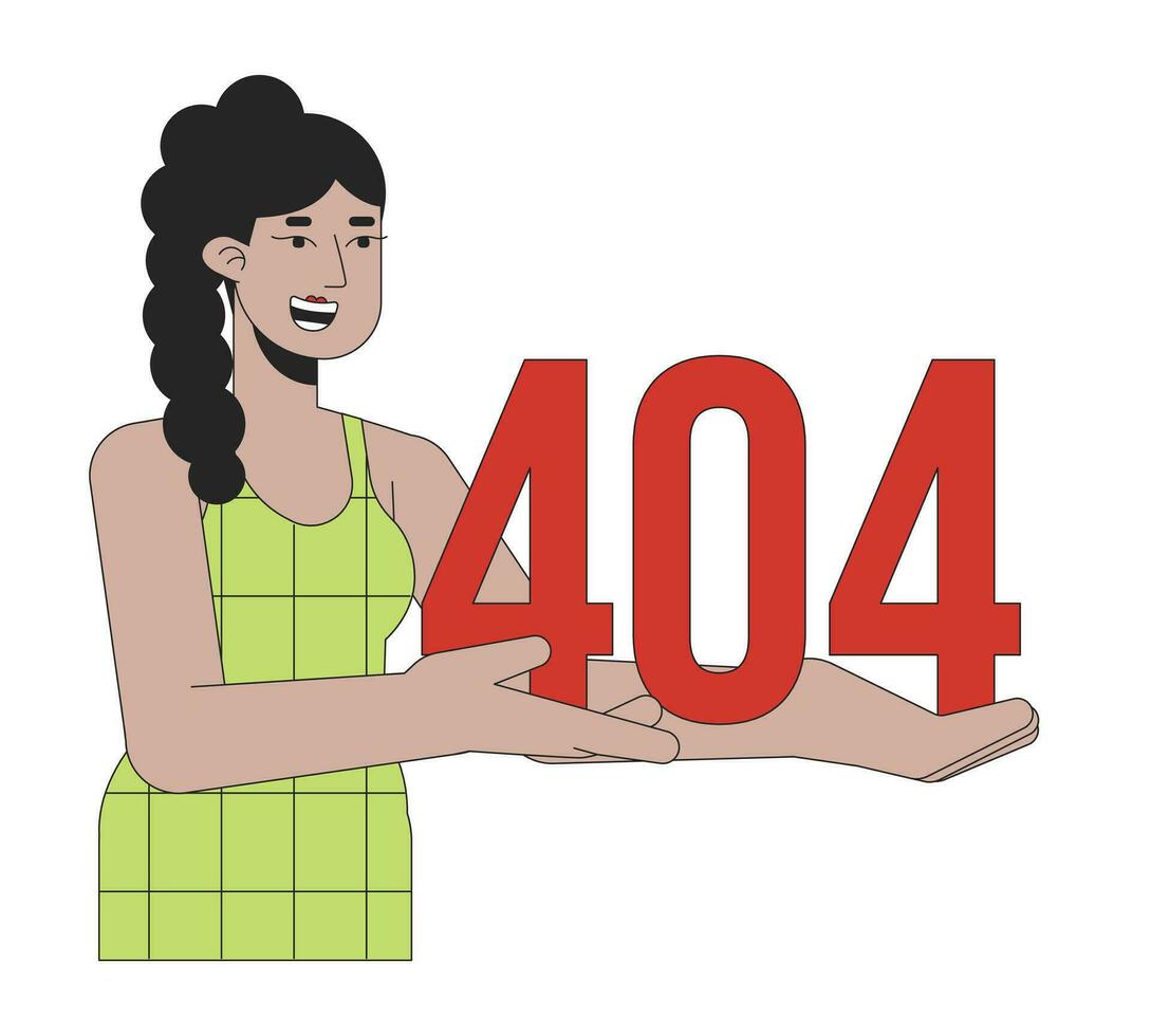 Lycklig latina kvinna innehav fel 404 blixt meddelande. tömma stat ui design. sida inte hittades dyka upp tecknad serie bild. vektor platt illustration begrepp på vit bakgrund