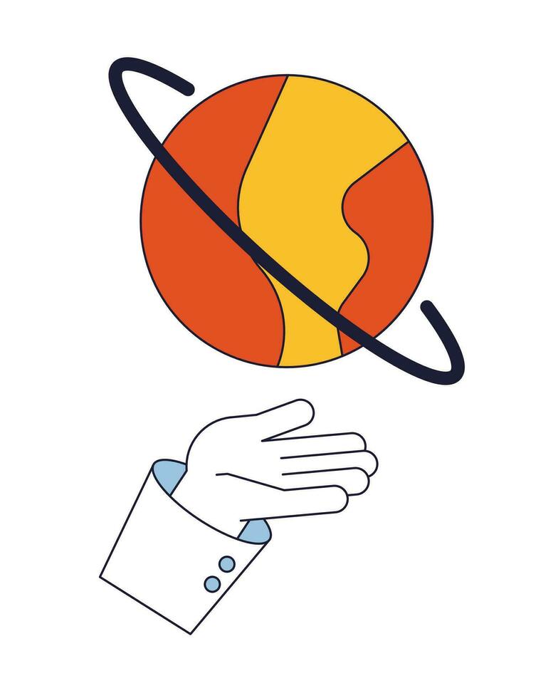 planet över hand platt linje Färg isolerat vektor objekt. planet ringa. redigerbar klämma konst bild på vit bakgrund. enkel översikt tecknad serie fläck illustration för webb design