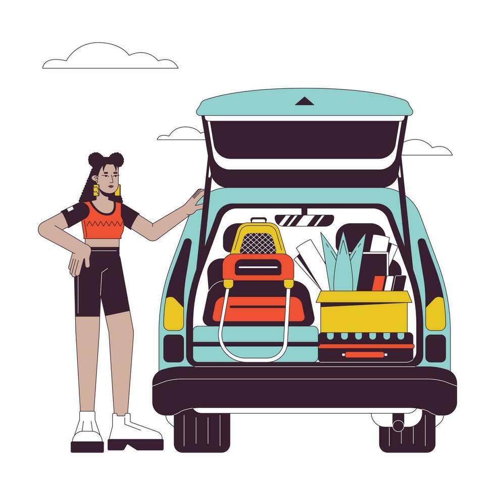 Hochschule Schüler Auto eben Linie Vektor Stelle Illustration. Latina Student im ersten Jahr Mädchen Wird geladen Auto Kofferraum 2d Karikatur Gliederung Charakter auf Weiß zum Netz ui Design. Straße Ausflug editierbar isoliert Farbe Held Bild