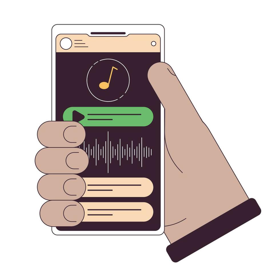 Musik- App auf Smartphone eben Linie Konzept Vektor Stelle Illustration. Hören zu Musik. halten Gadget 2d Karikatur Gliederung Hand auf Weiß zum Netz ui Design. editierbar isoliert Farbe Held Bild