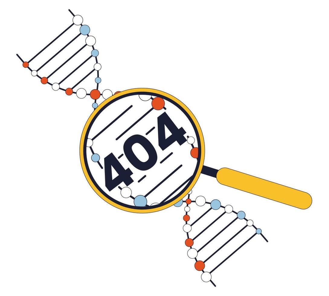 analyserar genetisk material genom förstorande glas fel 404 blixt meddelande. dna helix. tömma stat ui design. sida inte hittades dyka upp tecknad serie bild. vektor platt illustration begrepp på vit bakgrund