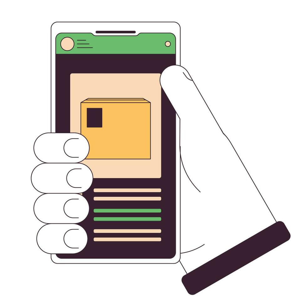 spårning paket platt linje begrepp vektor fläck illustration. innehav smartphone med uppkopplad leverans plattform app 2d tecknad serie översikt hand på vit för webb ui design. redigerbar isolerat Färg hjälte bild