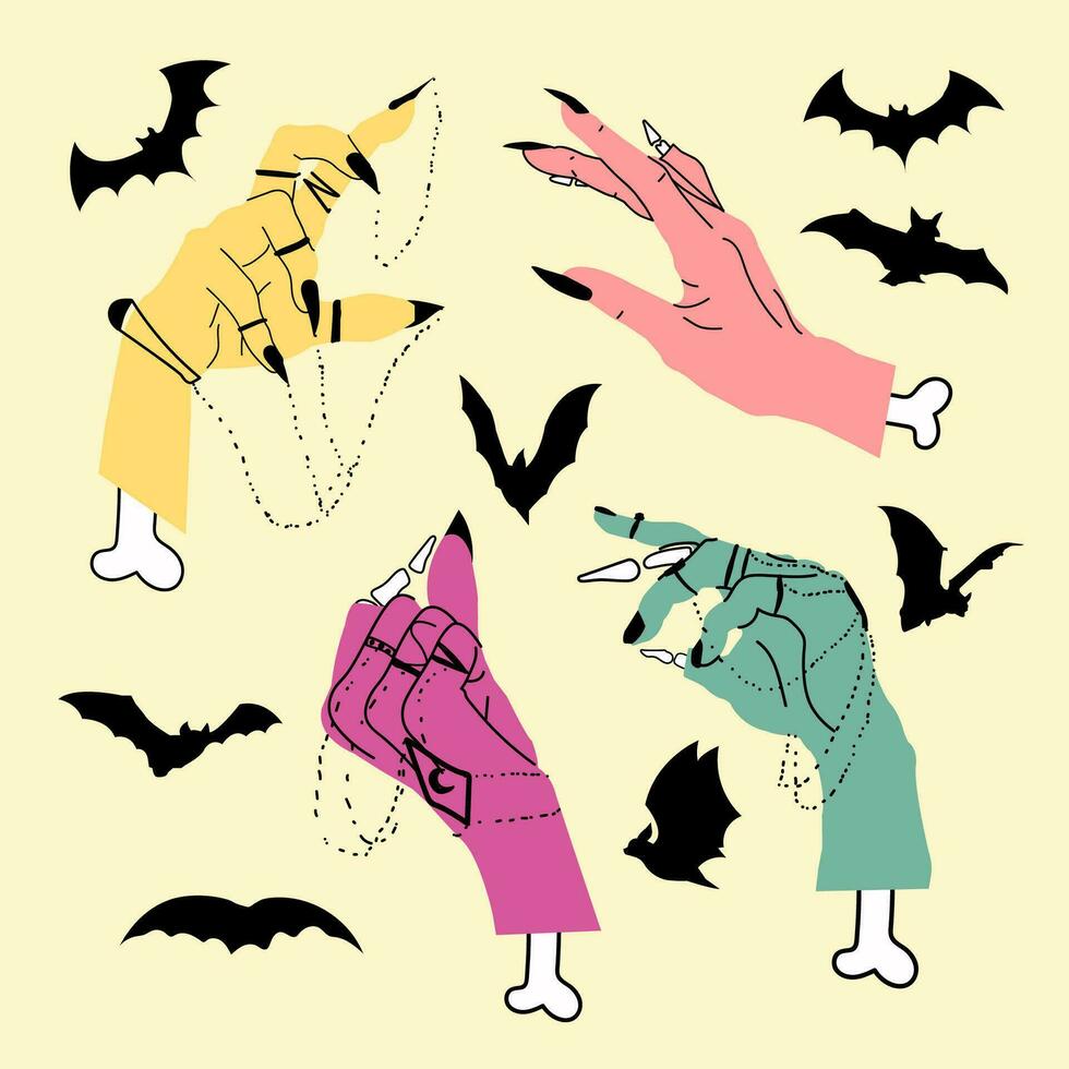 Halloween Grafik einstellen von Zombie Hexe Hände mit Fledermäuse. vektor