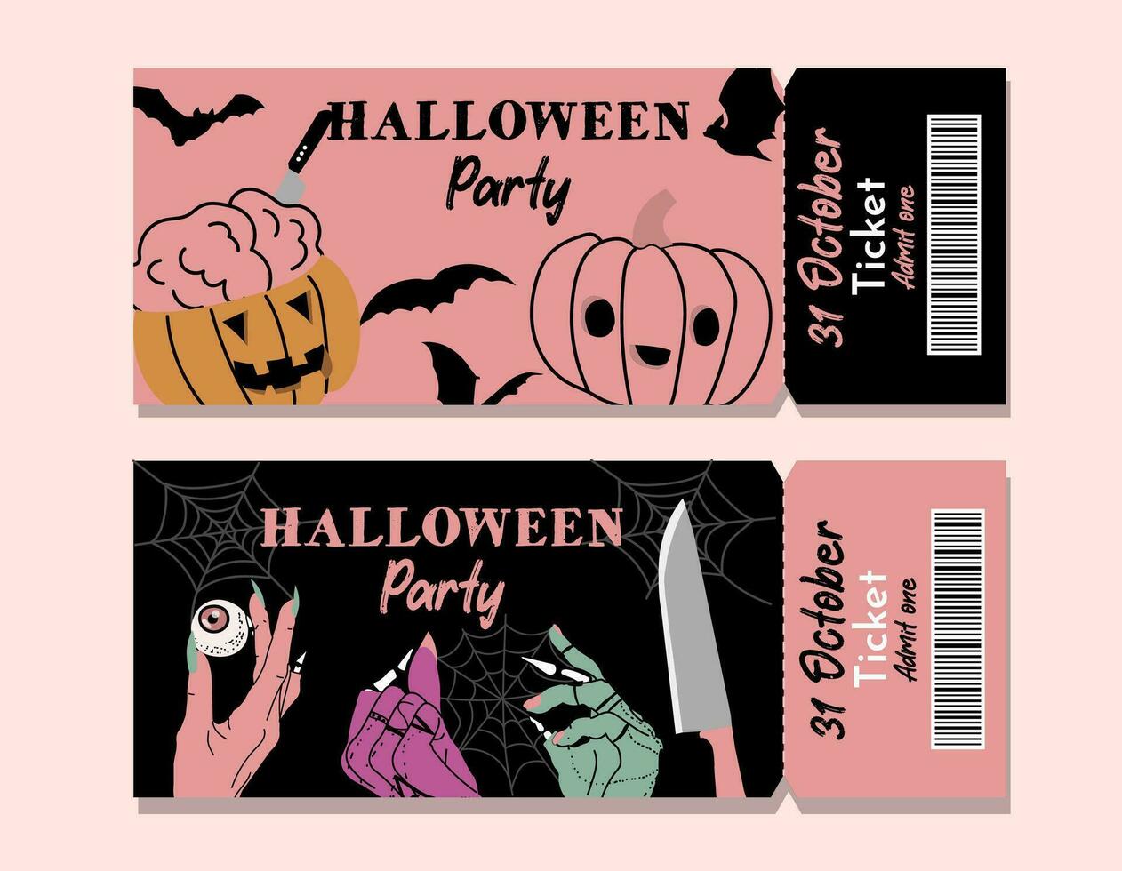 Rosa Halloween Party Tickets Vorlage. mit Zombie Hexe Hände. vektor