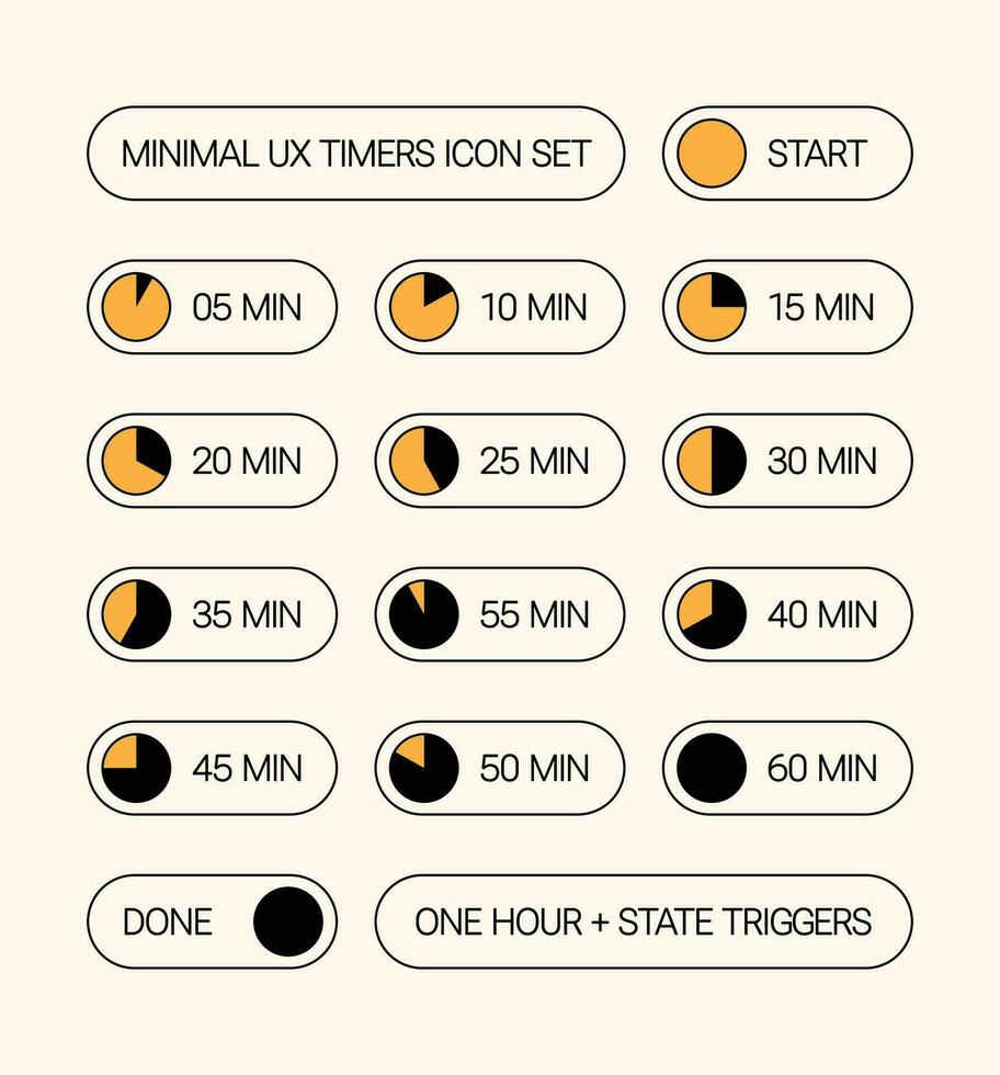 runda timers samling med avrundad hörn, ux ui design element uppsättning. 5, 15, 30, 45, 60 minuter etiketter vektor