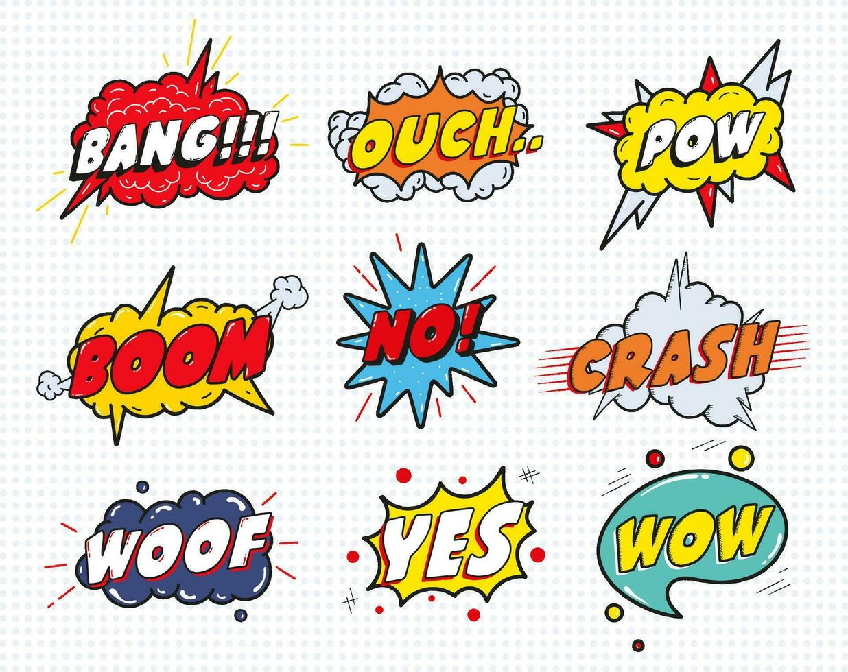 Comic Klang Rede bewirken Luftblasen einstellen isoliert auf Weiß Hintergrund Vektor Illustration. Wow, pow, bang, autsch, krach, wuff, nein, ja Beschriftung.