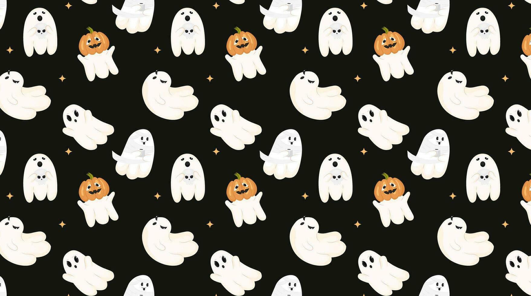 Muster mit komisch Geister auf ein schwarz Hintergrund. süß fliegend Seelen, Halloween Figuren. Geister im Flug, unheimlich Geister, anders Emotionen, Kürbisse, Mama vektor
