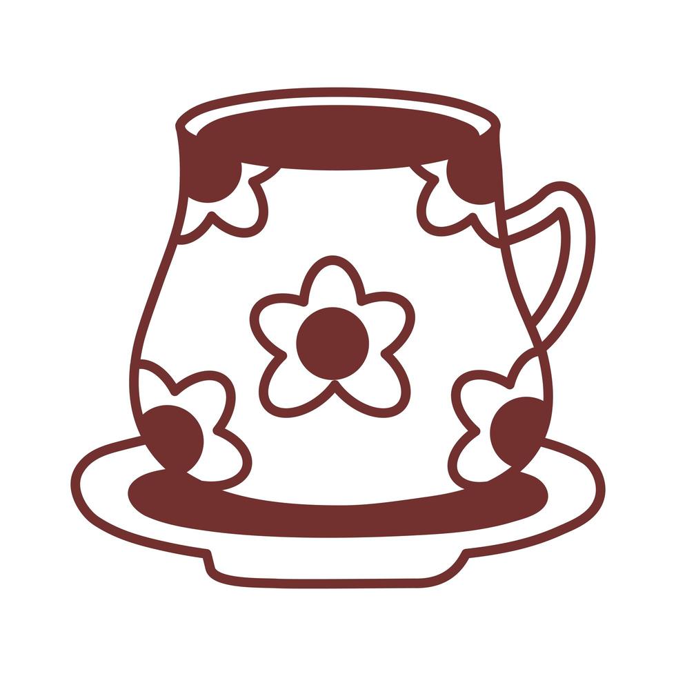 Teller und Keramiktasse mit Blumen-Liniensymbol vektor