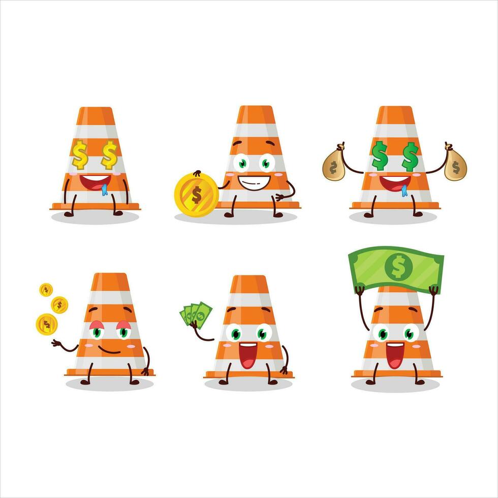 orange trafik kon tecknad serie karaktär med söt uttryckssymbol föra pengar vektor