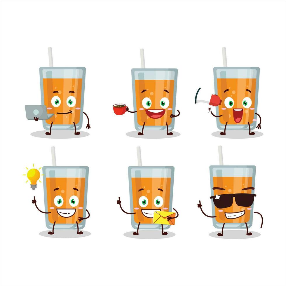 orange juice tecknad serie karaktär med olika typer av företag uttryckssymboler vektor