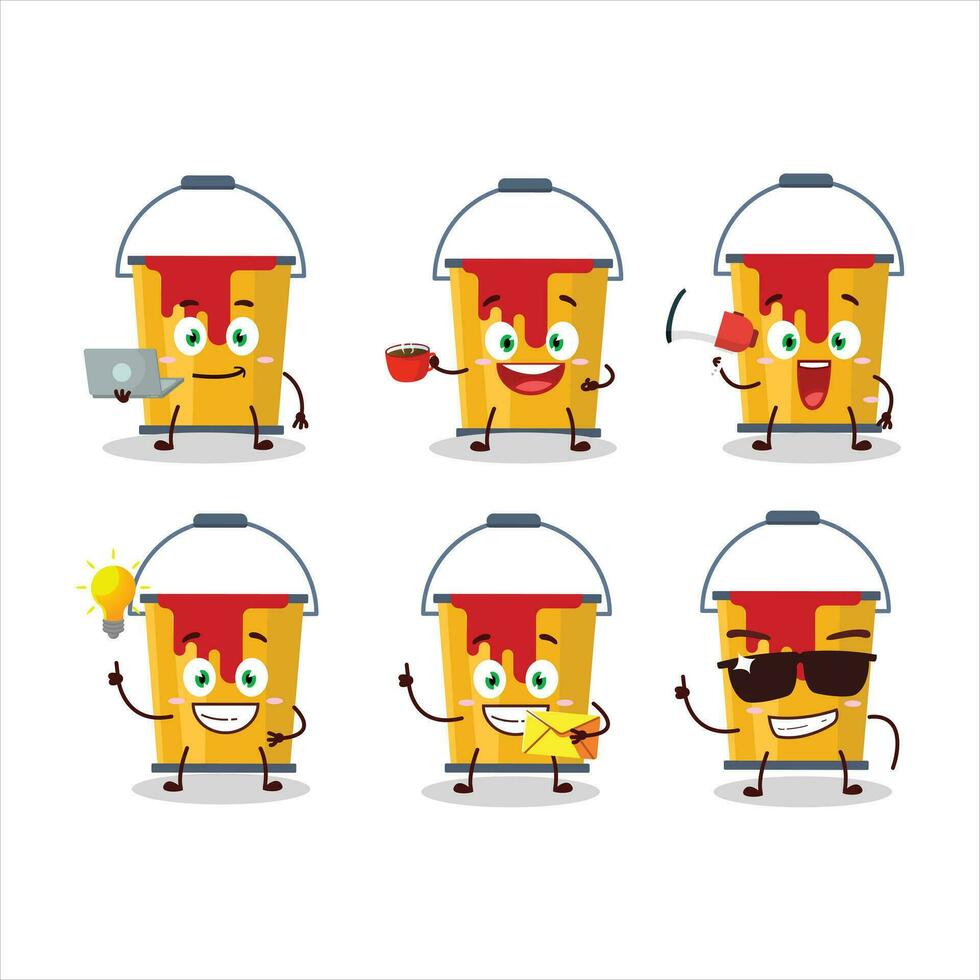 Gelb Farbe Eimer Karikatur Charakter mit verschiedene Typen von Geschäft Emoticons vektor