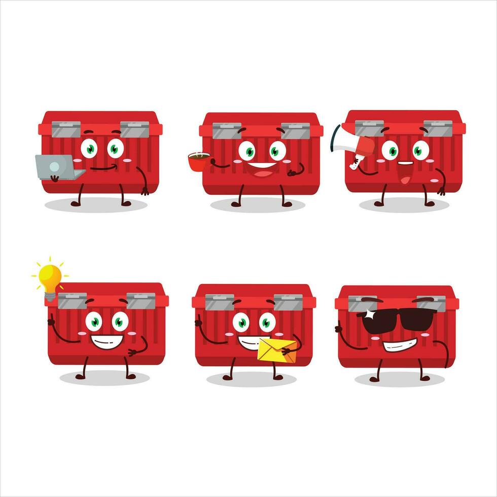 rot Werkzeugkasten Karikatur Charakter mit verschiedene Typen von Geschäft Emoticons vektor