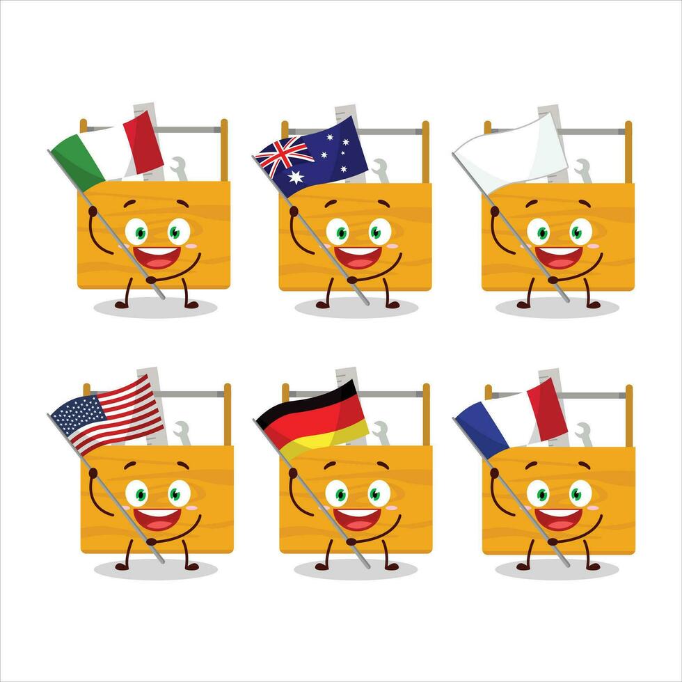 hölzern Werkzeugkasten Karikatur Charakter bringen das Flaggen von verschiedene Länder vektor