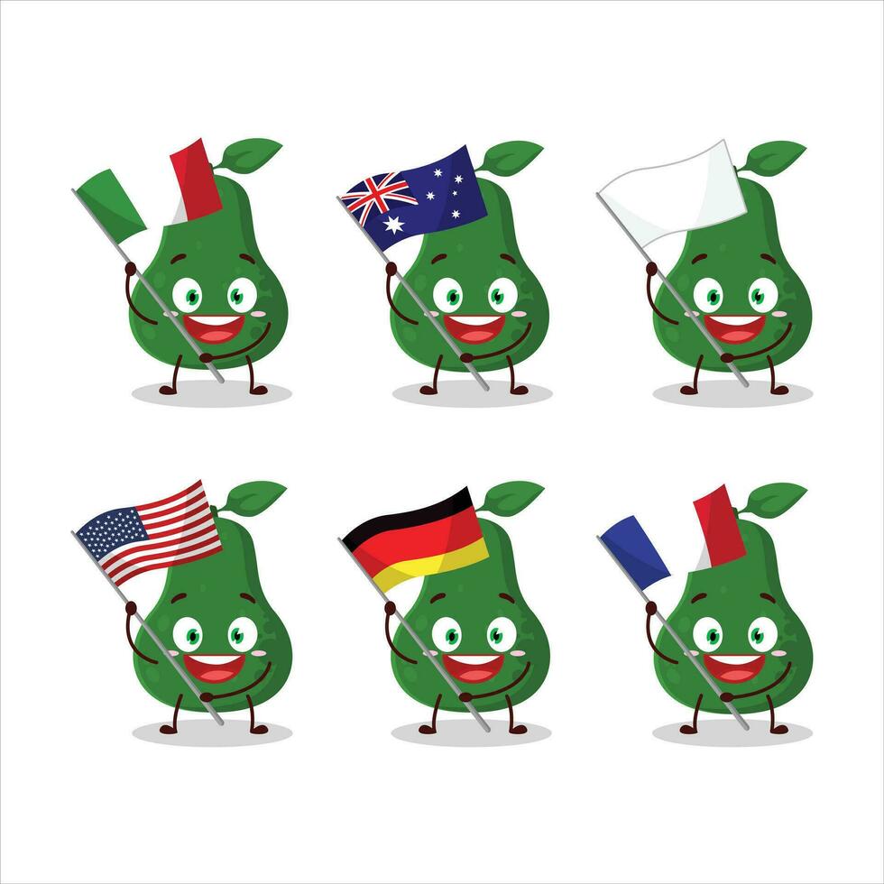 Avocado Karikatur Charakter bringen das Flaggen von verschiedene Länder vektor