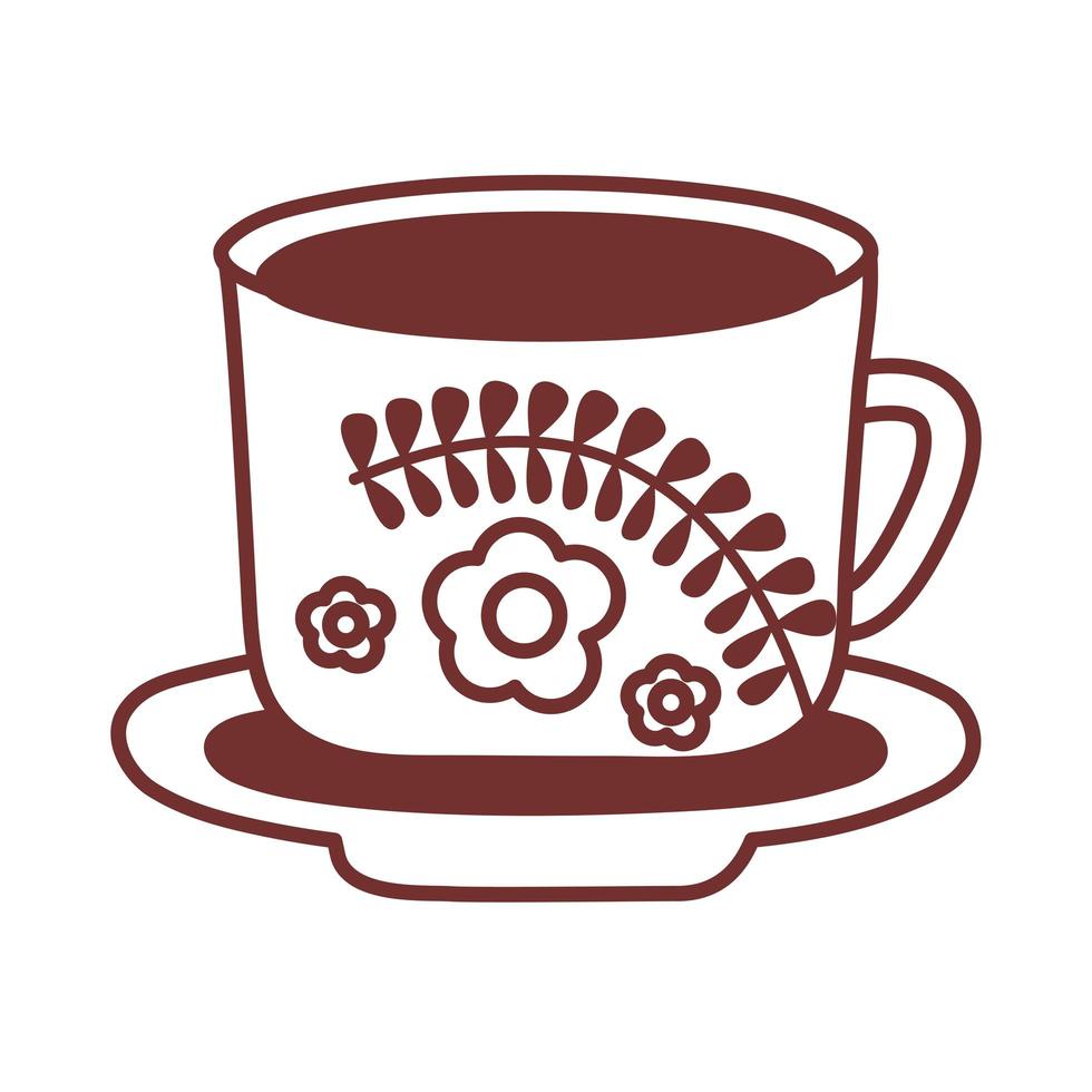 Teller und Keramiktasse mit Blumen-Liniensymbol vektor