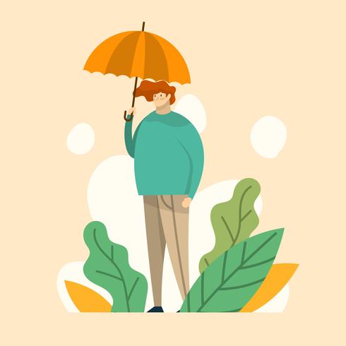 Flat Modern Boy håller paraply Vector Illustration