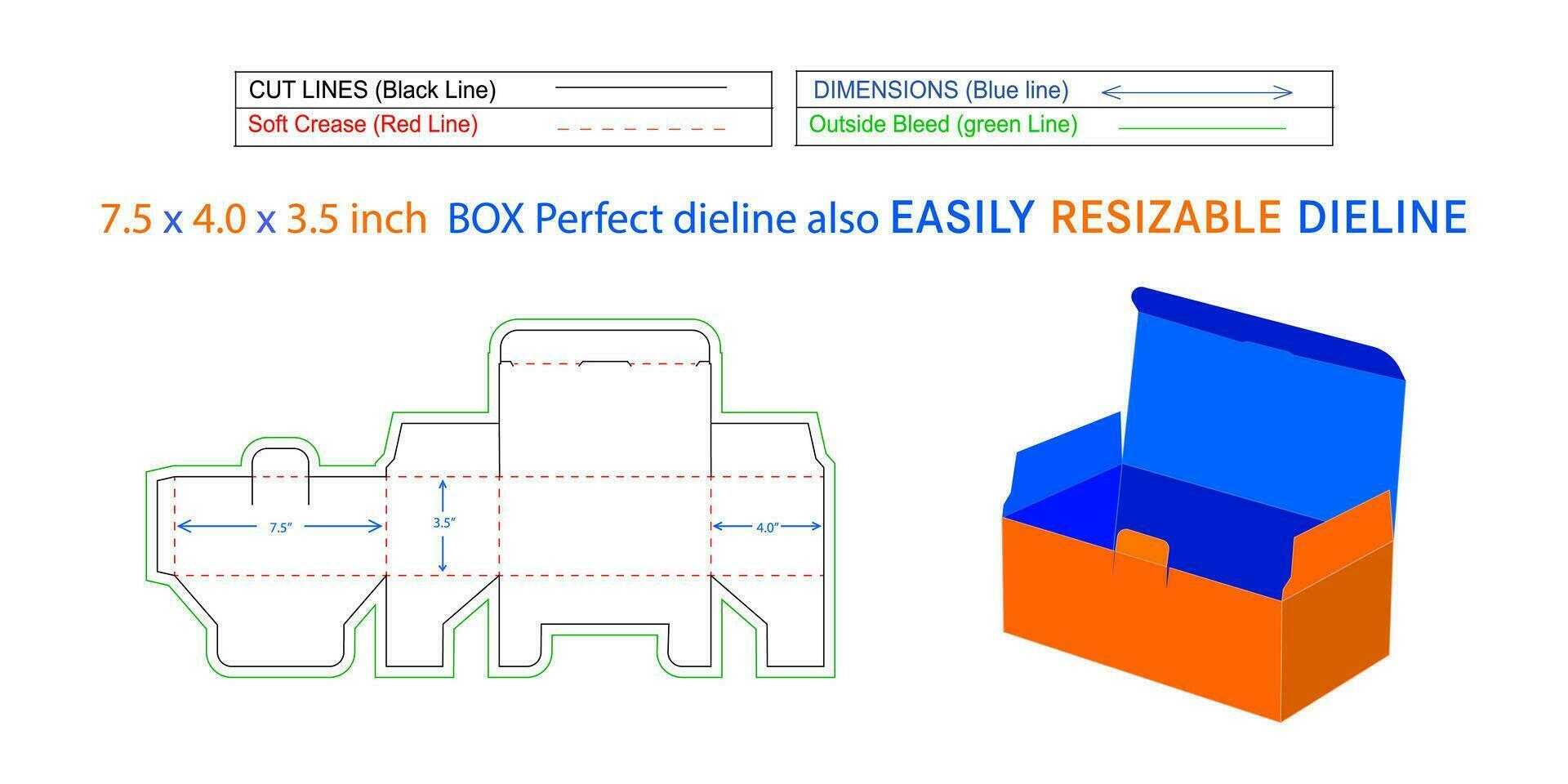 Maske Box Dieline und 3d Box Vektor Datei 7.5 x 4.0 x 3.5 Zoll Box Dieline ebenfalls der Größe veränderbar und editierbar