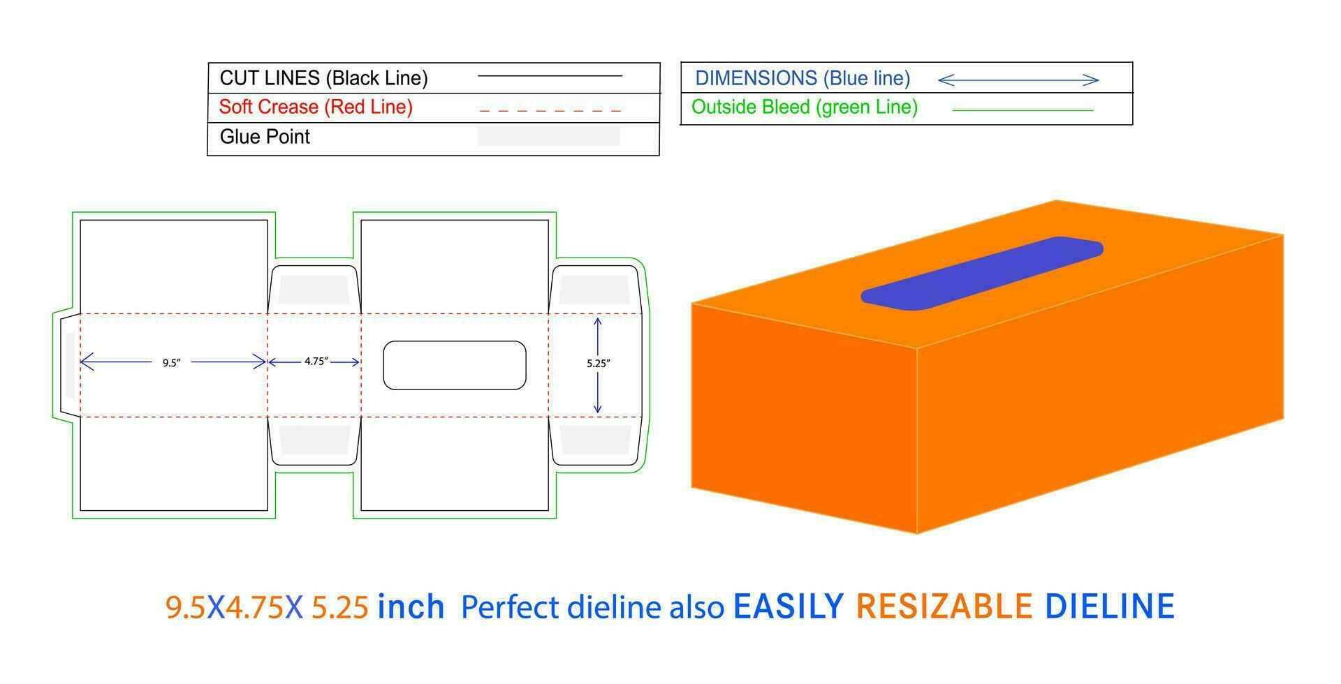 Gesicht Gewebe Box perfekt Dieline und 3d Box Vektor Datei 9,5x4,75x5,25 Zoll Box Dieline ebenfalls der Größe veränderbar und editierbar