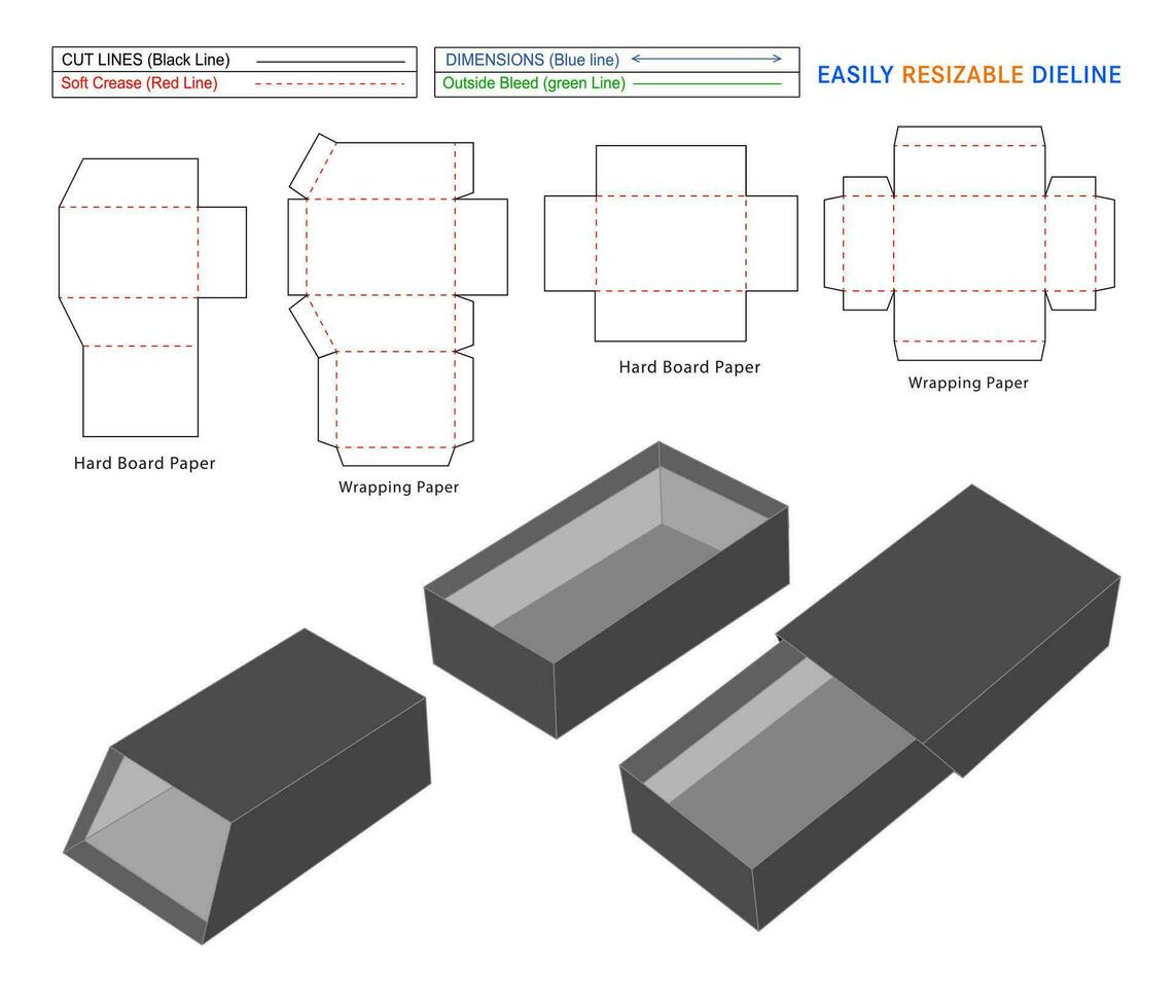 beställnings- trapets stil stel omslag låda eller ärm låda Död linje, dö skära förpackning mall design med 3d låda vektor