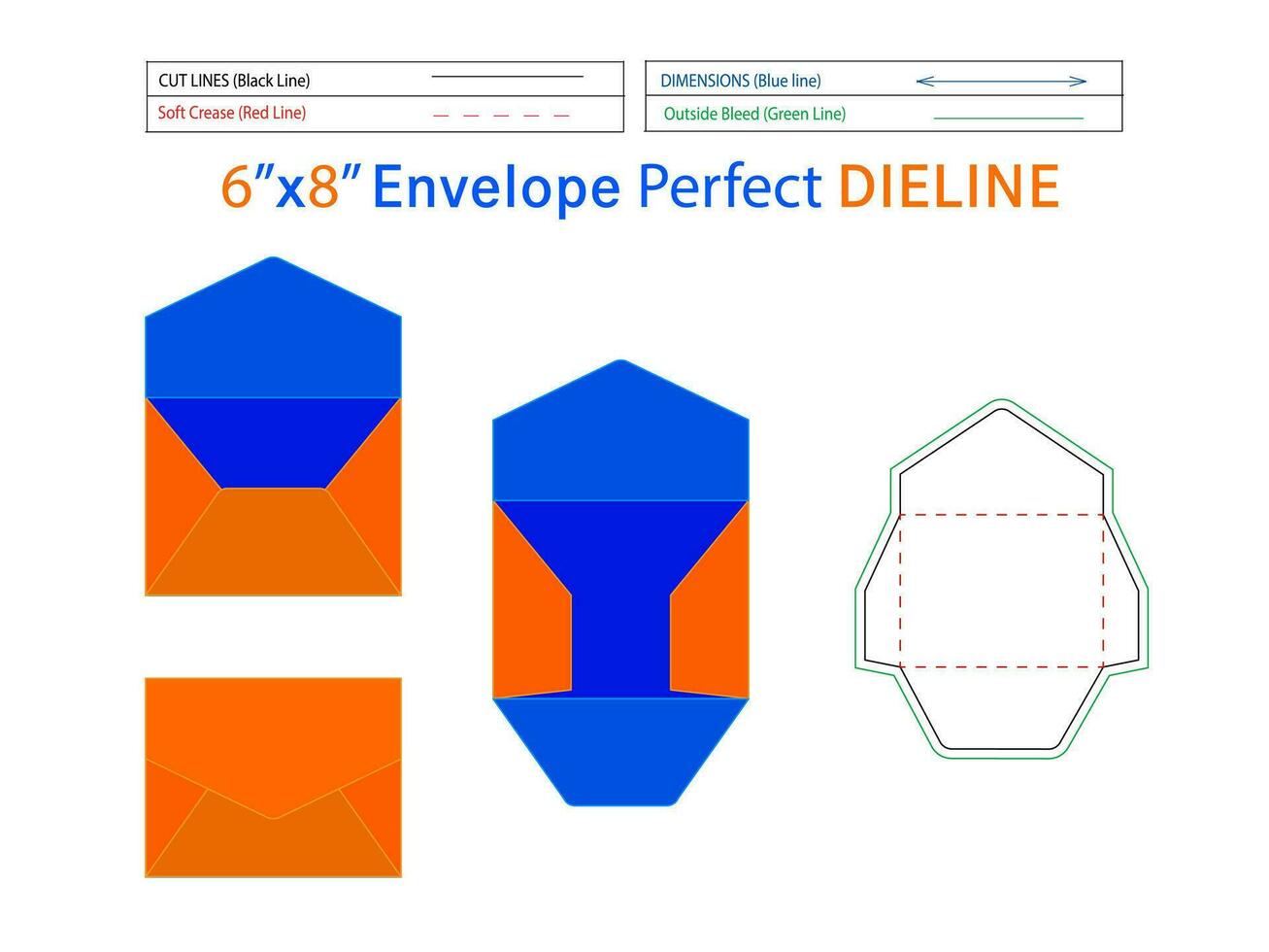 Briefumschlag Design 6x8 Zoll Dieline Vorlage und 3d Hochzeit Einladungsumschlag editierbar leicht der Größe veränderbar vektor