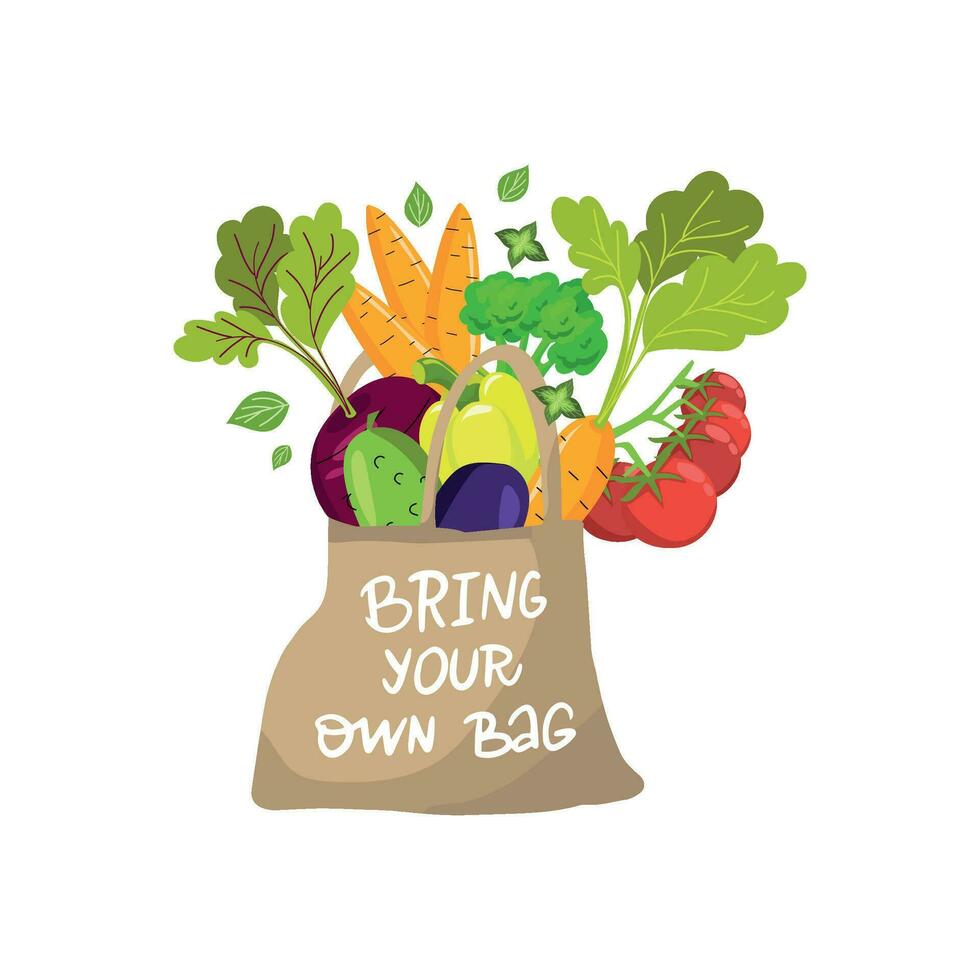 Produkter i eco duk väska hand dragen illustration. jordbrukare marknadsföra mat i väska. färsk frukter, grönsaker uppköp. hand teckning fras - föra din egen väska vektor