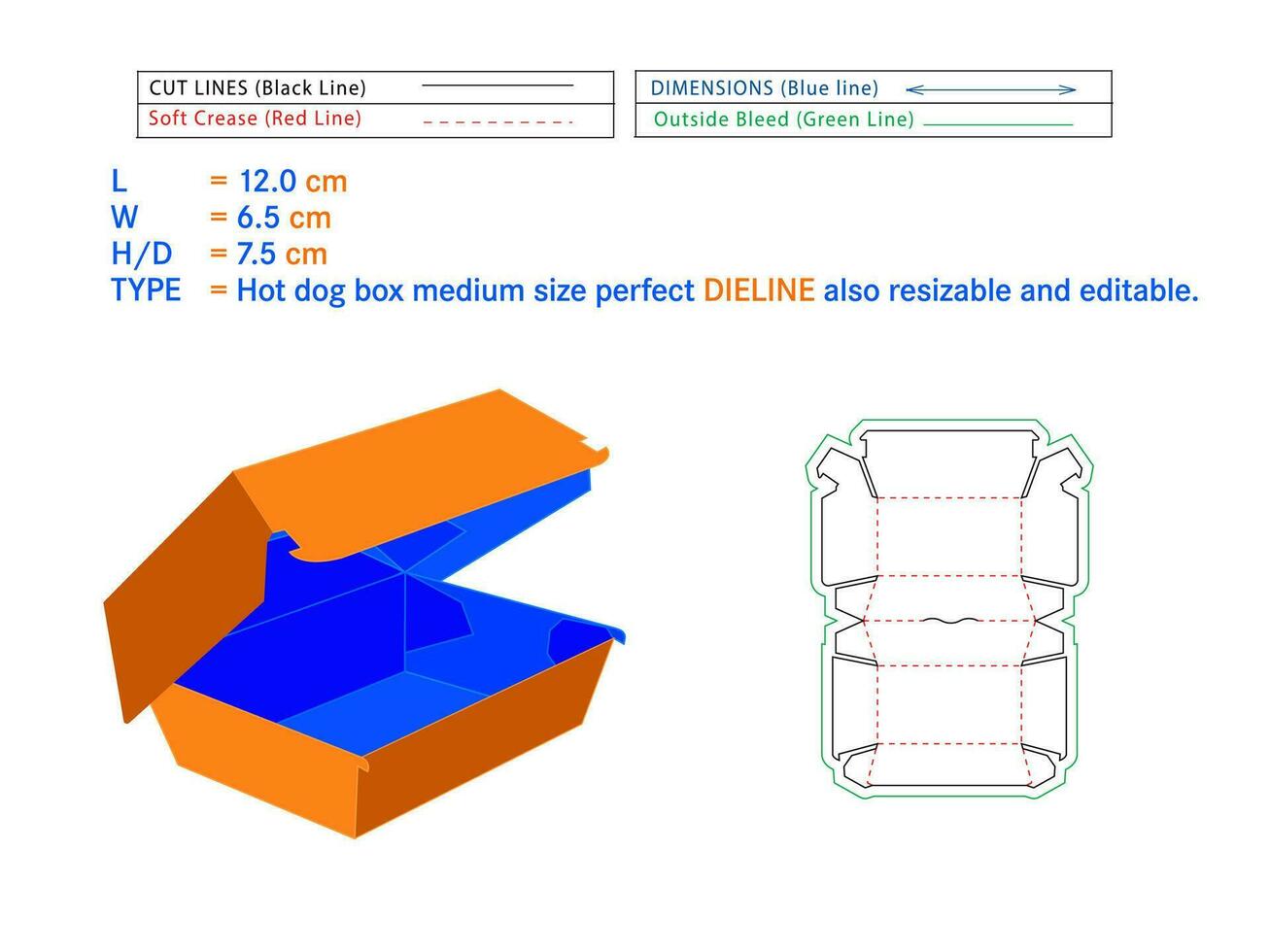 varm hund låda medium storlek perfekt Död linje 12 x 6.5 x 7.5 centimeter låda stansad mall själv montering miljövänlig, Nej lim behövs låda, snabb mat burger låda vektor