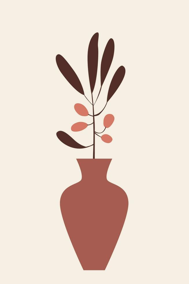 Olive Ast Pflanze im Vase Muster Hintergrund, Boho minimalistisch Vase Illustration zum Design Kindergarten Mauer Dekor, t Hemd drucken, Geschäft Flyer, zeitgenössisch Poster usw vektor