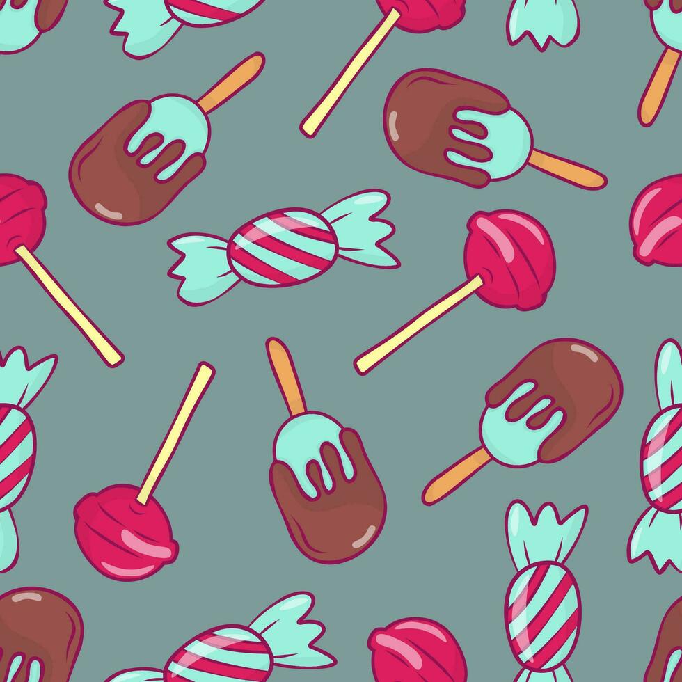 nahtlos Muster mit Süßigkeiten auf ein dunkel grau Hintergrund. Hand gezeichnet Stil. vektor