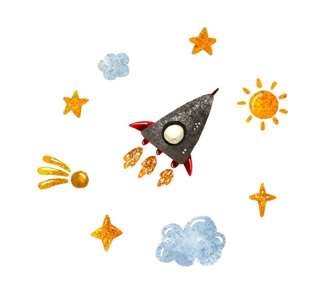 Plats illustration i barnslig stil. uppsättning av kosmos element sådan som raket, stjärnor, asteroider, ufo, kometer, måne, oststeroid, stiliserade planeter uppsättning. kosmisk uppsättning vektor