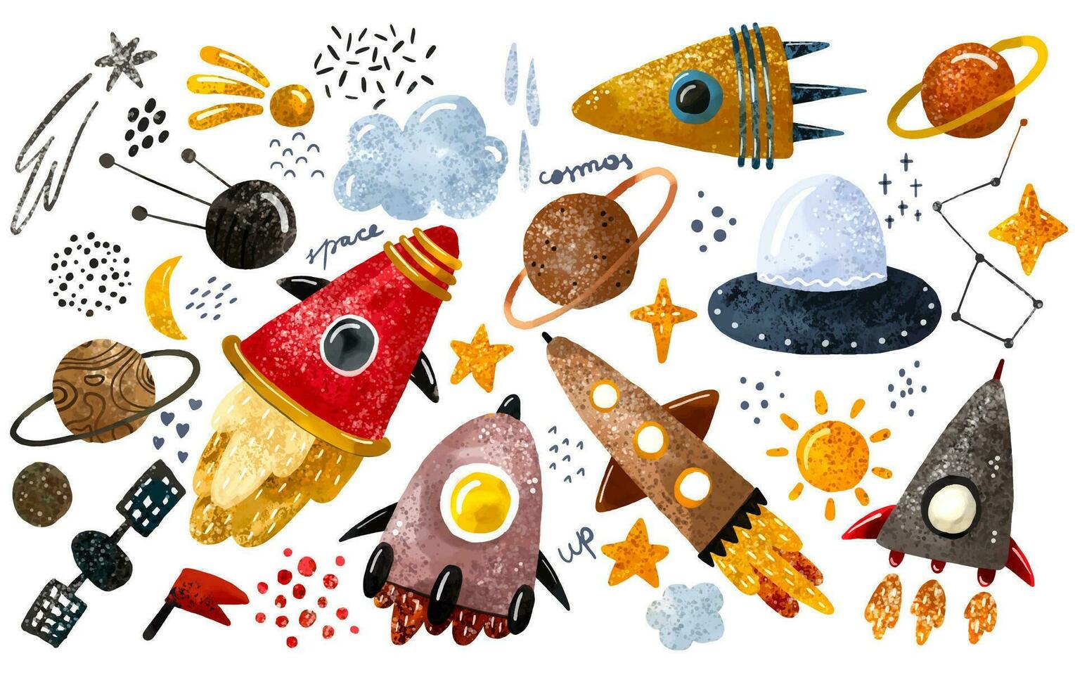 Plats illustration i barnslig stil. uppsättning av kosmos element sådan som raket, stjärnor, asteroider, ufo, kometer, måne, oststeroid, stiliserade planeter uppsättning. kosmisk uppsättning vektor