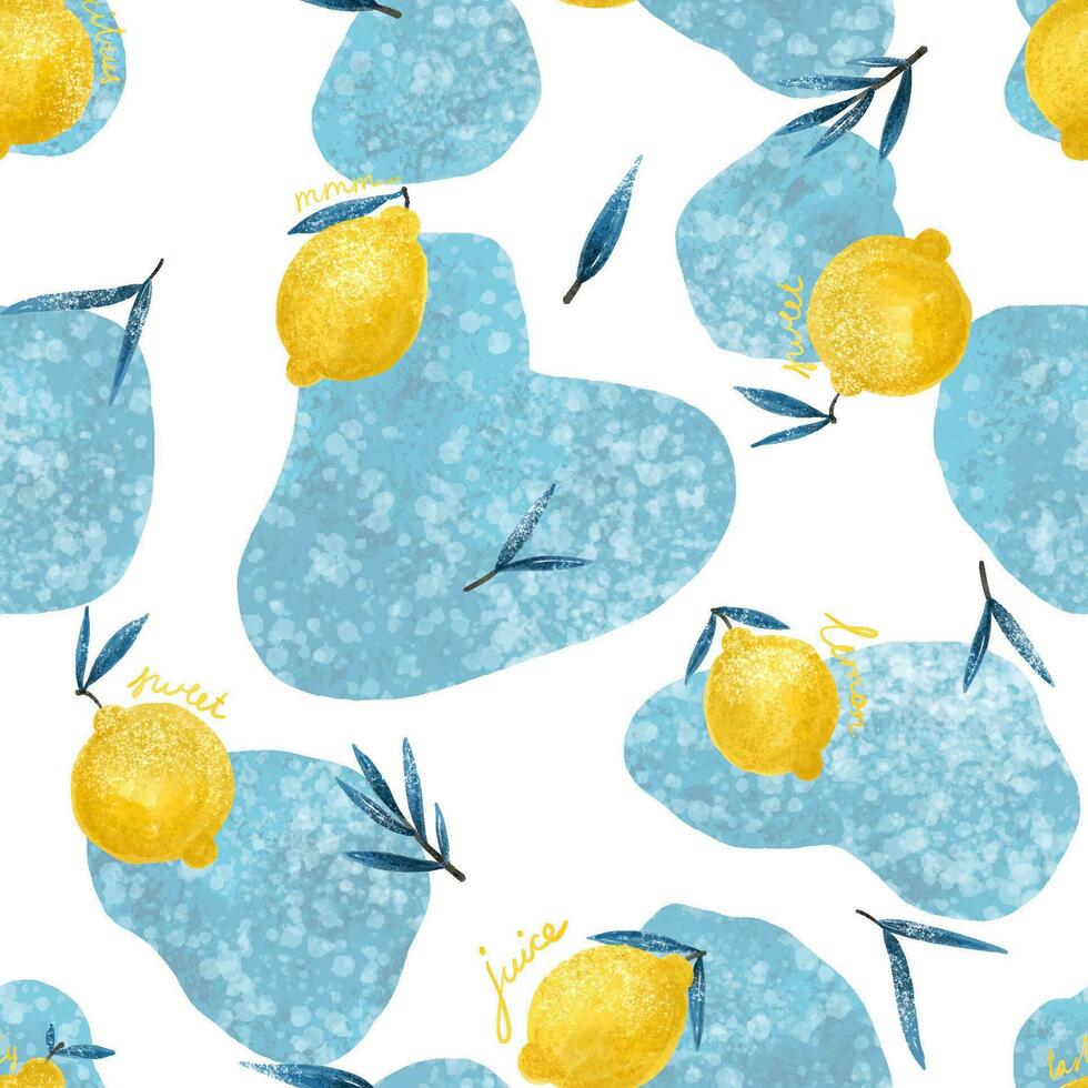 nahtlos Hintergrund mit hell Gelb Zitronen. Zitrusfrüchte Design. komisch Muster mit Früchte und Blau Flecken. Kleidung, Mauer Kunst, Textil, drucken, Papier vektor