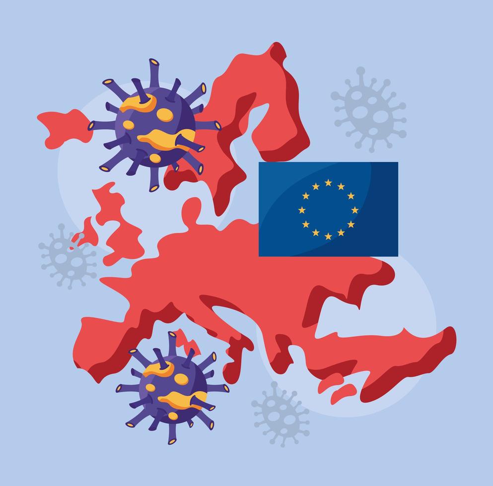 Covid 19-Partikel und Europakarte und EU-Flagge vektor