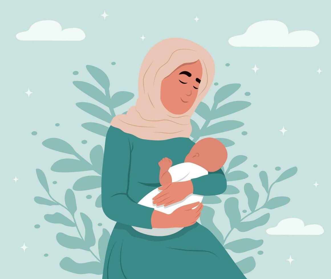 Illustration von Stillen, ein Muslim Mutter stillt ein Kinderwelt Stillen Woche. August 1-7. Abbildungen im Karikatur Stil. vektor