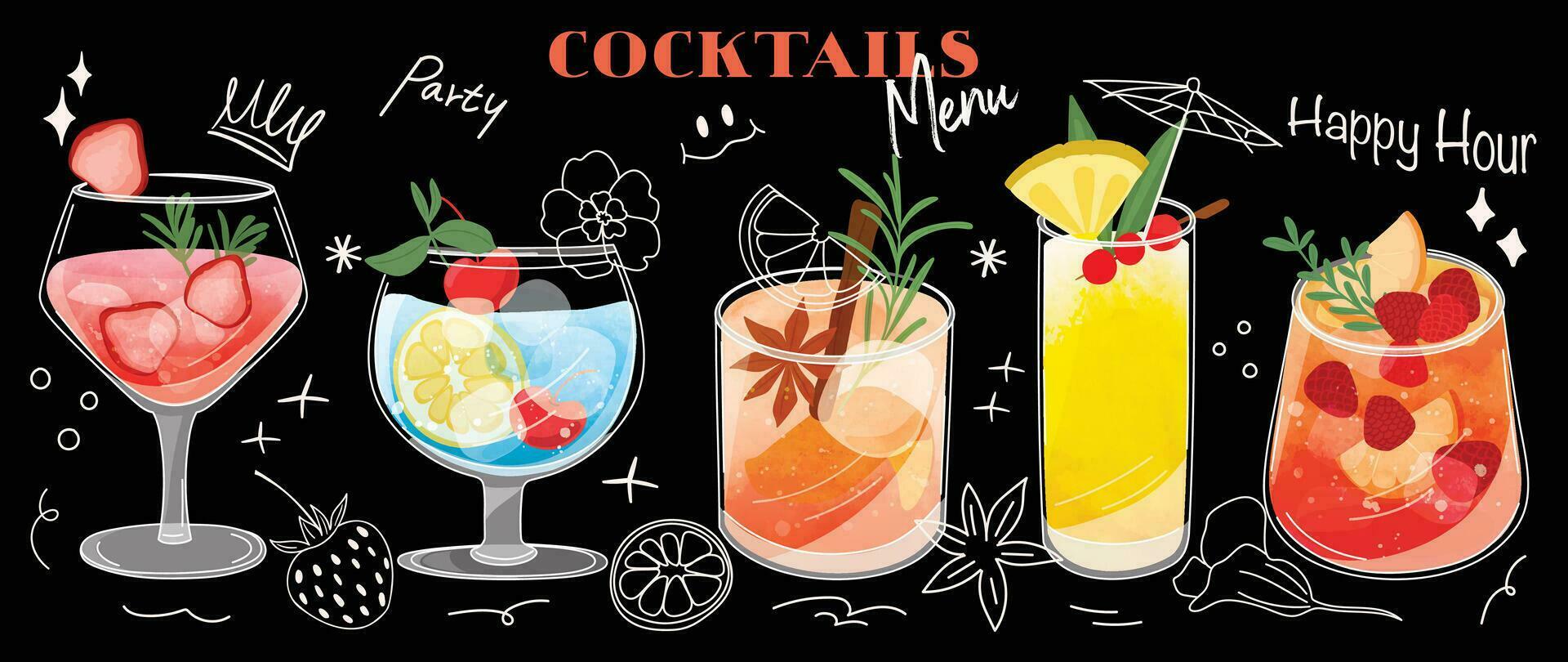 einstellen von Cocktail Getränke Besondere Aktionen Design. Alkohol Getränk, frisch lecker Getränke, funkelnd Wasser, Sommer- Saft im anders Brille. klassisch Cocktail Vektor zum Werbung, Speisekarte, Poster.