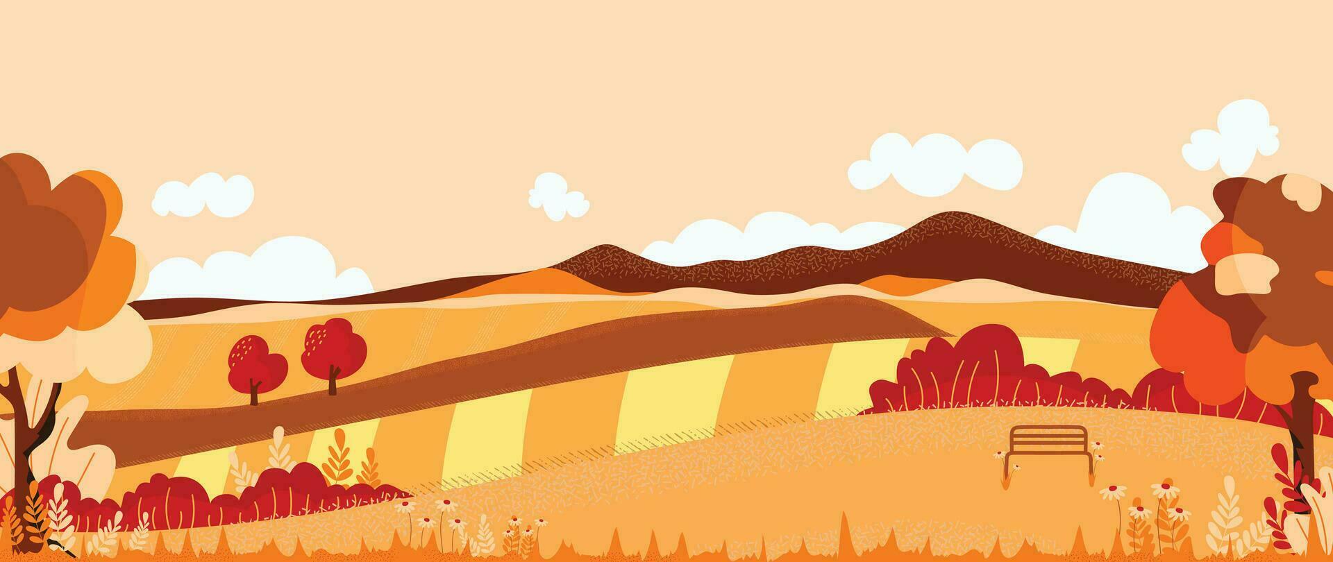 Herbst Natur und Land Landschaft Hintergrund. saisonal Illustration Vektor von Bäume, Blumen, Feld, Berg, Wolke, Gras, Bank, Sonnenuntergang. Design zum Banner, Poster, Hintergrund, Dekoration, Karte.