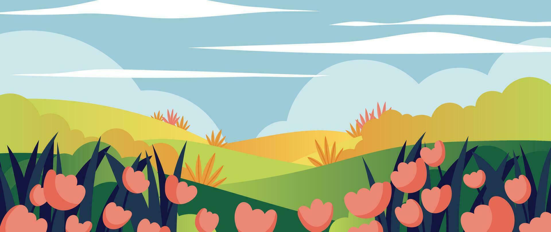 Herbst Natur und Land Landschaft Hintergrund. saisonal Illustration Vektor von Bäume, Blumen, Feld, Berg, Park, Wolke, Gras. Design zum Banner, Poster, Hintergrund, Dekoration, Karte.