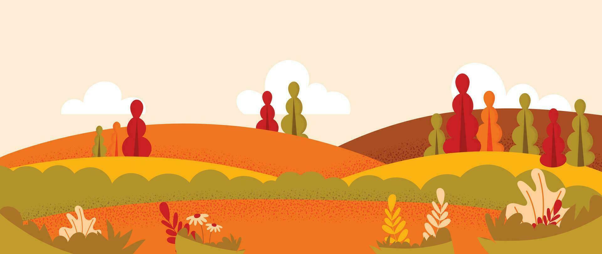 Herbst Natur und Land Landschaft Hintergrund. saisonal Illustration Vektor von Bäume, Blumen, Feld, Berg, Park, Wolke, Gras. Design zum Banner, Poster, Hintergrund, Dekoration, Karte.