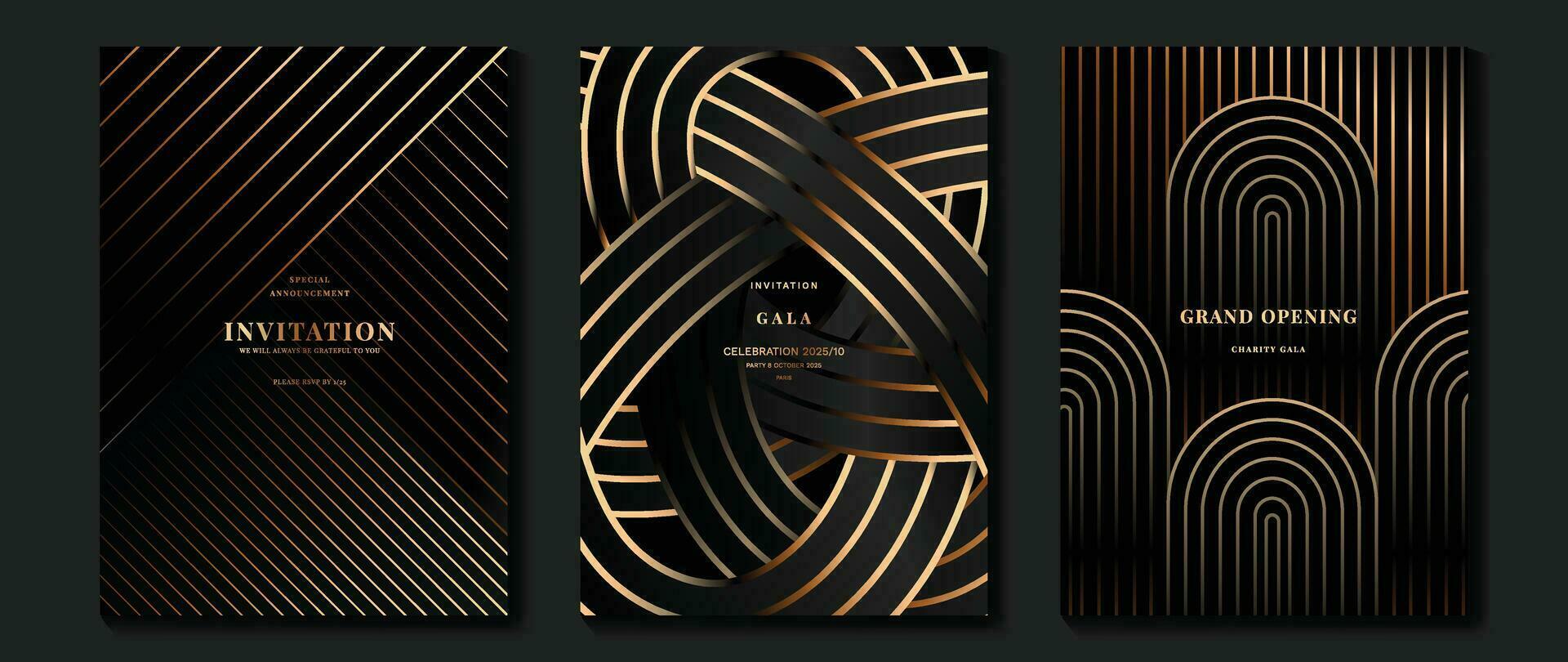 lyx inbjudan kort bakgrund vektor. gyllene elegant geometrisk form, guld rader lutning på mörk bakgrund. premie design illustration för gala kort, stor öppning, fest inbjudan, bröllop. vektor