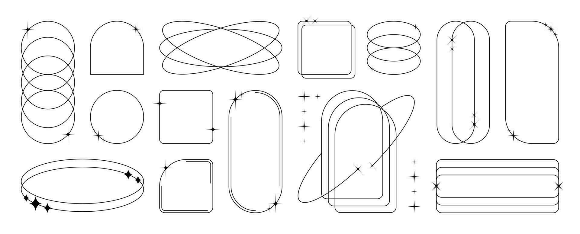 modern minimalistisk estetisk linje element, trendig linjär ramar med stjärnor, geometrisk formulär. båge ram med pärlar för social media eller affisch design, enkel dekorativ boho stil gräns vektor uppsättning