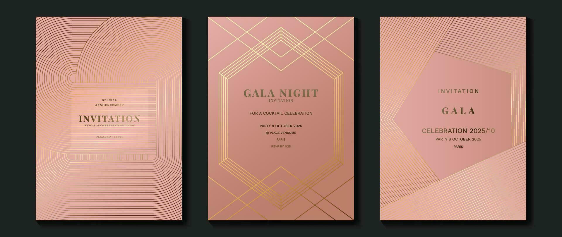 Luxus Einladung Karte Hintergrund Vektor. golden elegant geometrisch Form, Gold Linien Gradient auf Rosa Hintergrund. Prämie Design Illustration zum Gala Karte, großartig Öffnung, Party Einladung, Hochzeit. vektor